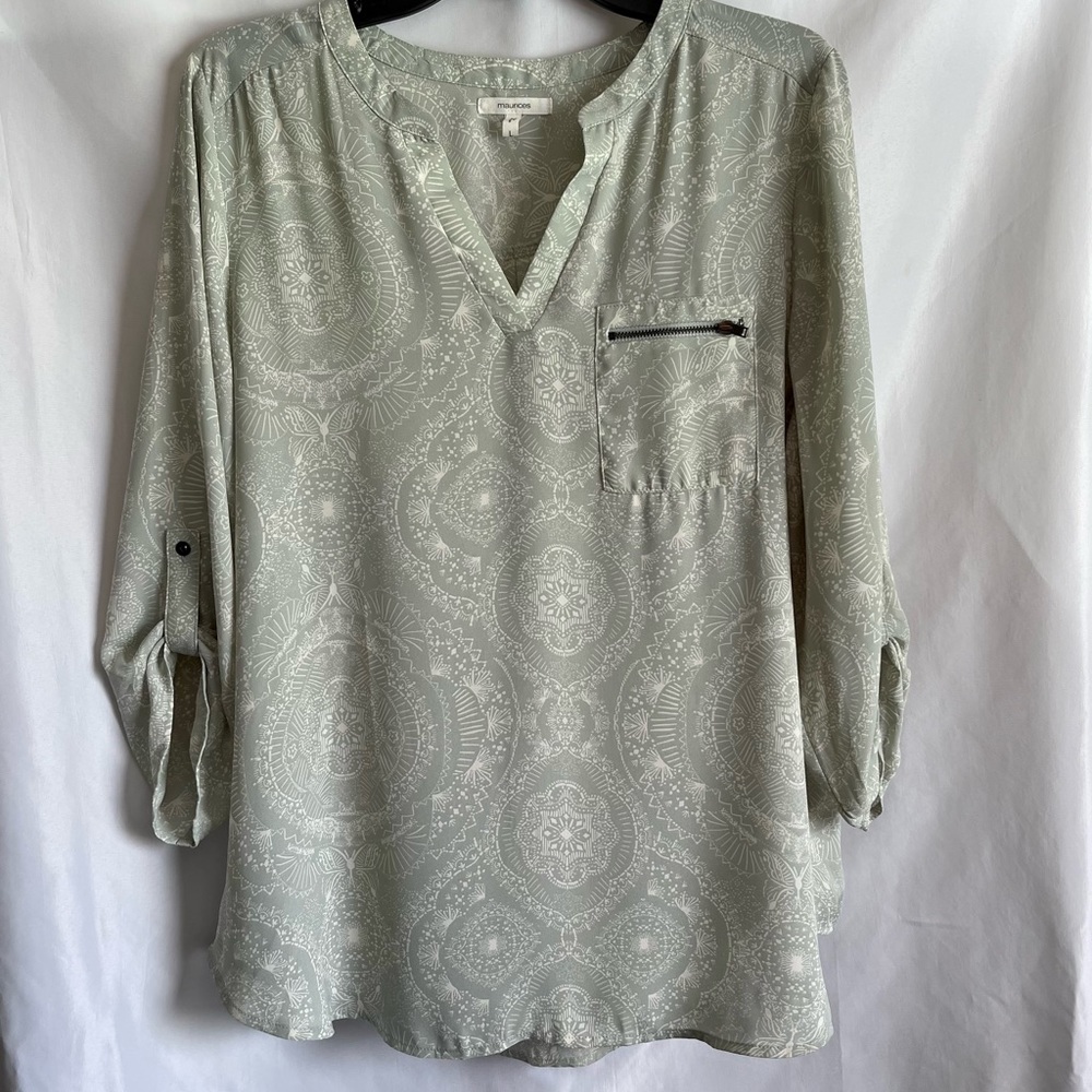 Maurice’s Woman’s Three Quarter Sleeve Zipper Pocket V Neck Blouse Large Teal